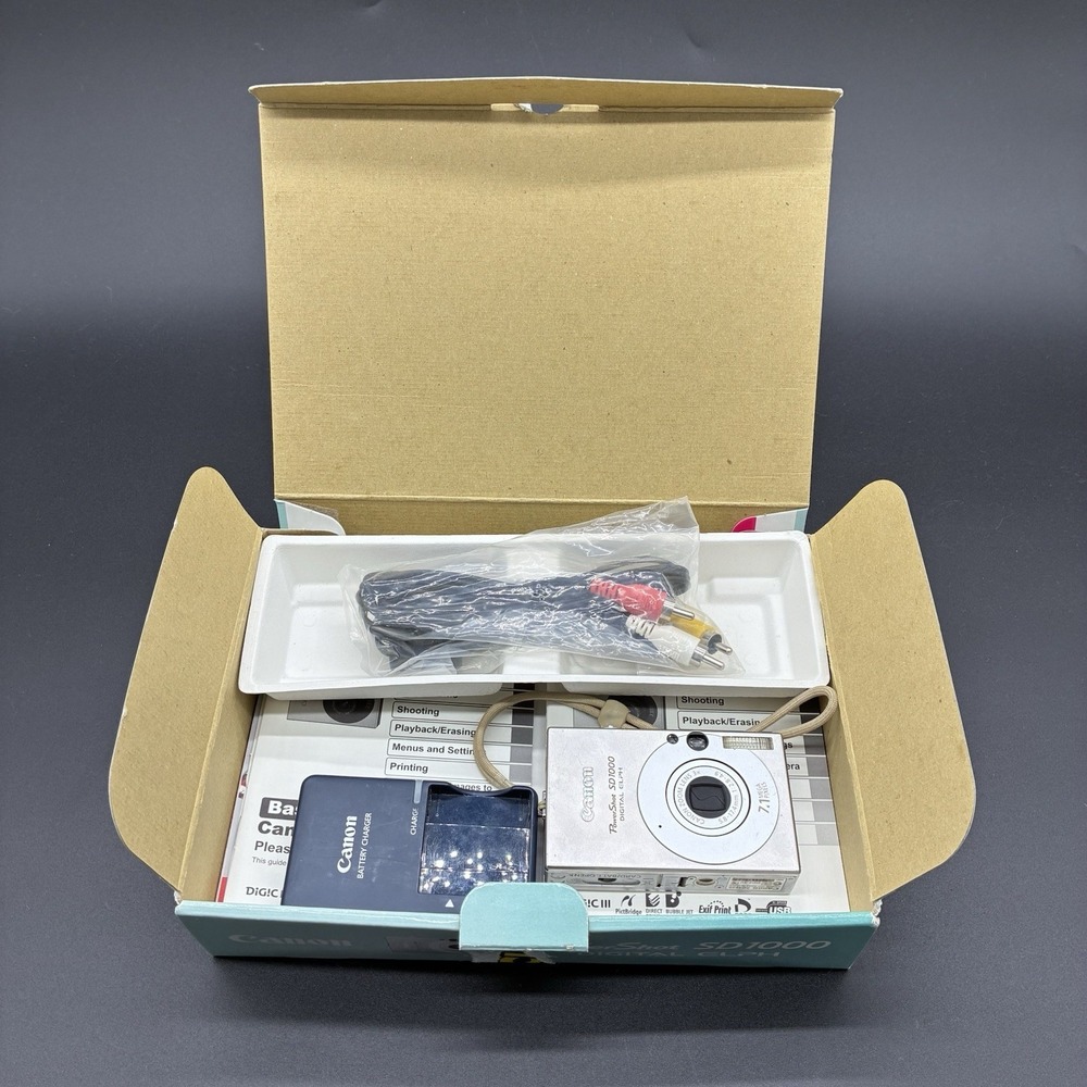 Canon PowerShot SD1000 Digital Camera PARTS/REPAIR w Box Charger Manuals Cables
